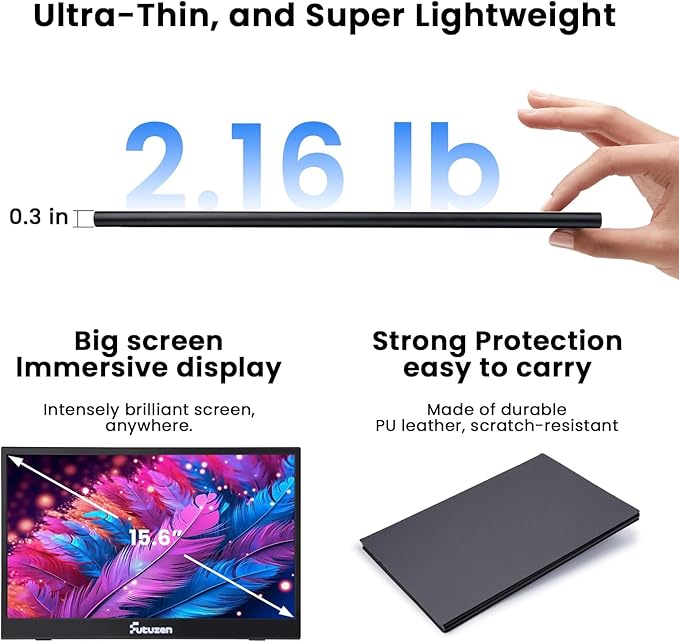 Portable Monitor 15.6inch 1080P FHD Second External Monitor for Laptop/MacBook/Phone Office &amp Travel Monitors with Dual USB-C/Mini HDMI Ultra-Light with Leather Cover &amp Speakers HDR Plug&amp