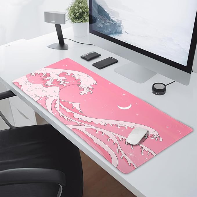 Pink Japanese Anime Gaming Mouse Pad XL Cute Kawaii Aesthetic Wave Extended Big Large Desk Mat Non-Slip Rubber Base Stitched Edge Long Keyboard Mousepad for PC Computer Laptop40x20 in100x50cm
