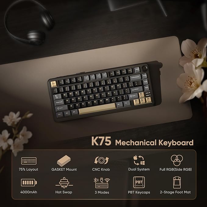 RedThunder K75 Wireless Mechanical Keyboard CNC Knob Tri-Mode BT5.0/2.4GHz/USB-C Hot Swappable Custom Pre-lubed Linear Coconut Switches Gasket Structure RGB Gaming Keyboard Black-Gold