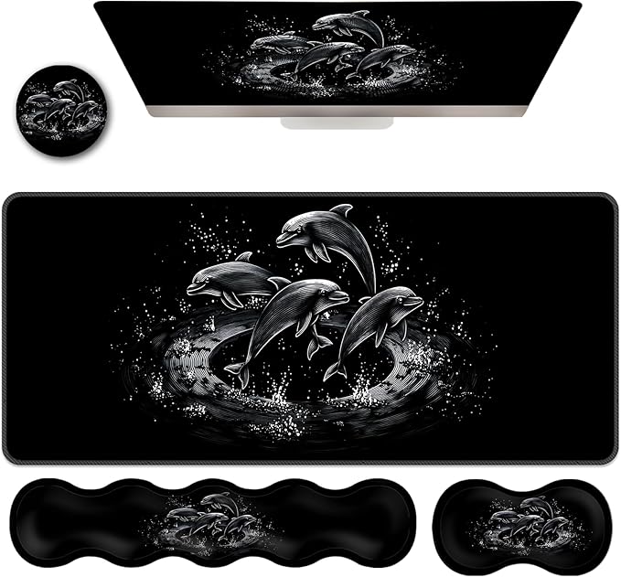 Ergonomic Keyboard Wrist Rest &amp Mouse Pad Wrist Rest SetXL Gaming Desk Mat 31.5x 11.8Non-Slip BaseMemory FoamEasy Typing Pain Relief for Office &amp HomeBlack White Dolphins Art