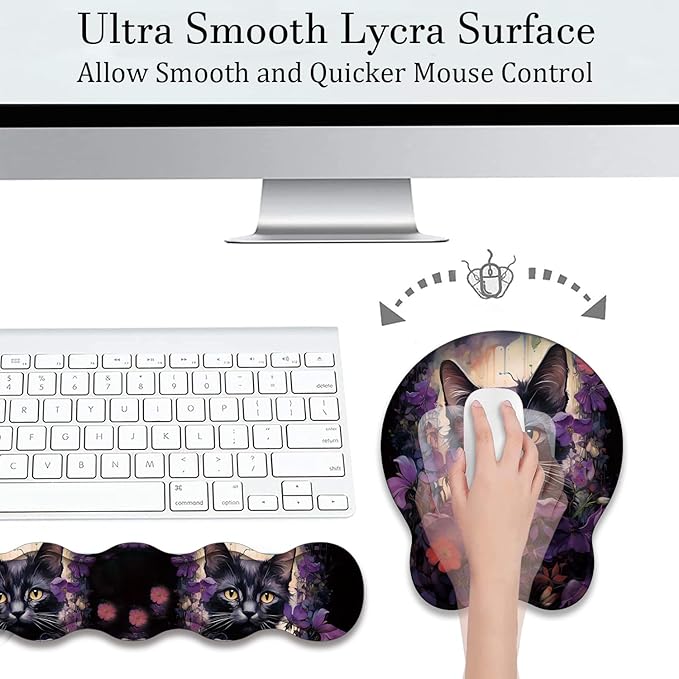 Mouse Wrist Rest and Keyboard Wrist Rest Pad+ Coaster Set Non-Slip Rubber Base Smooth Surface Ergonomic Gaming Mouse Pad for Easy Typing and Pain Relief Cat &amp Purple Flower