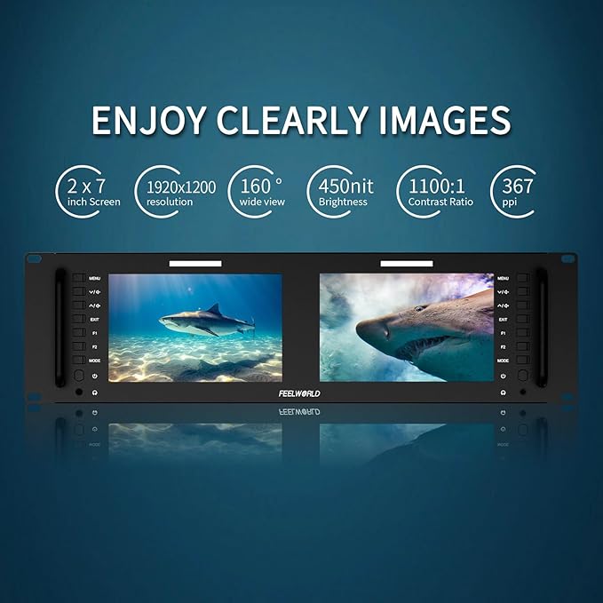 FEELWORLD D71 Plus-H Dual 7 Inch 3RU Broadcast Rack Mount Monitor with Waveform LUT IPS 1920x1200 HD LCD Screen HDMI AV Input and Output