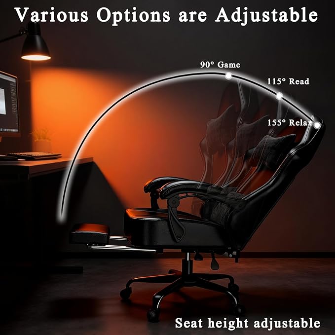 Gaming Chair with Pocket Spring Cushion and Footrest Ergonomic Computer Chair for Adults Breathable PU Leather Game Chair Adjustable Headrest and Lumbar Support Office Desk Chair