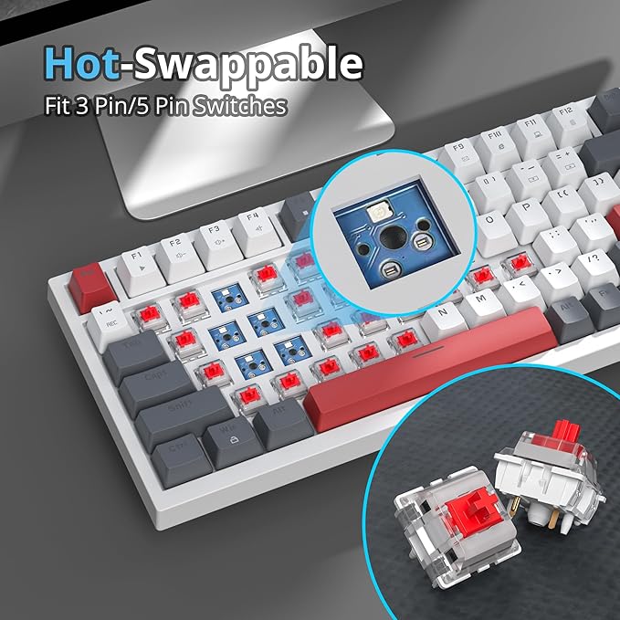 75 Percent Keyboard Gasket-Mounted with Sound Absorbing Pads 82-Key Compact Wired RGB Mechanical Gaming Keyboard Hot-Swap Socket for Win Gray White