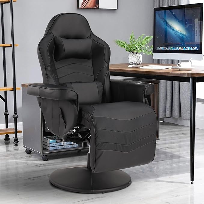 Gaming Chairs for Adults Reclining Gaming Chair with Footrest Massage Video Gaming Recliner Chair w/Adjustable Height Swivel Game Chair with Lumbar Support Side Pouch