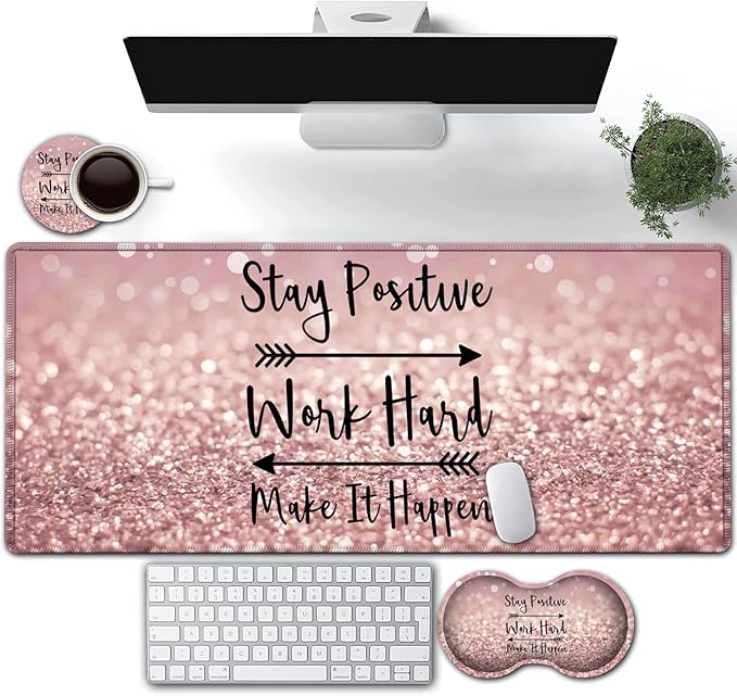 Large Gaming Mouse PadExtended Waterproof Desk Pad Protector (31.5 x 11.8) Ergonomics Memory Foam Mouse Wrist Rest Supportfor Home Office LaptopHard Work Inspirational Quotes Pink Gilt Mouse Mat