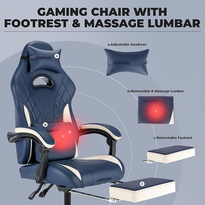 Gaming Chair with Footrest and Massage Lumbar Support Ergonomic Computer Gamer Chair Office Video Game Chairs (Blue)