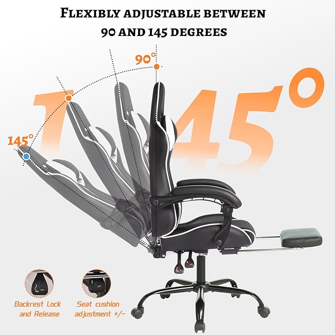 Gaming Chair High Back Ergonomic Office Chair with Massage Lumbar Support and Footrest Reclining Swivel Gamer Seat for Adults Kids Home Bedroom Black White