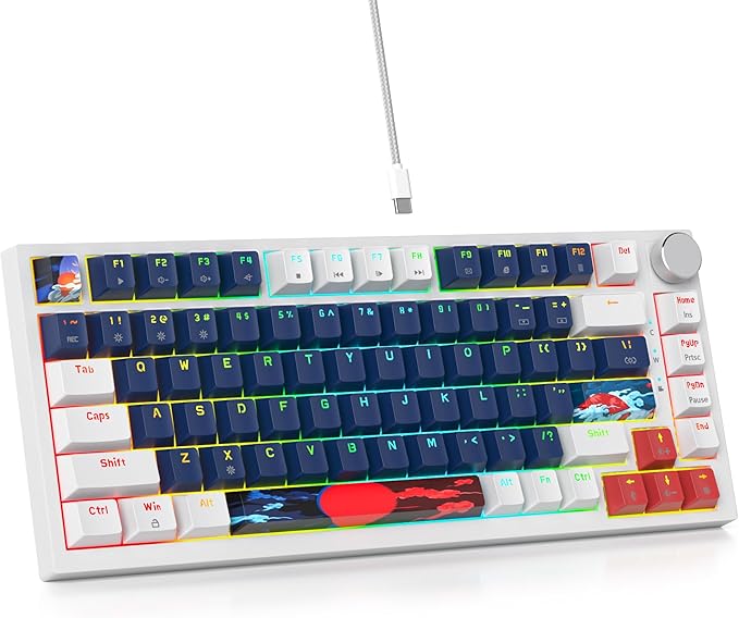 75 Percent Keyboard Gasket-Mounted with Sound Absorbing Pads 82-Key Compact Wired RGB Mechanical Gaming Keyboard Hot-Swap Socket for Win Blue Earth