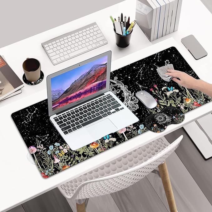 Desk Pad Extended Large Mouse Pad with Stitched Edges (31.5X11.8In) Ergonomic Mouse Wrist Rest Waterproof Computer Keyboard Mouse Mat Wildflowers Butterfly Starry Sky XXL Black Gaming Mouse Pad