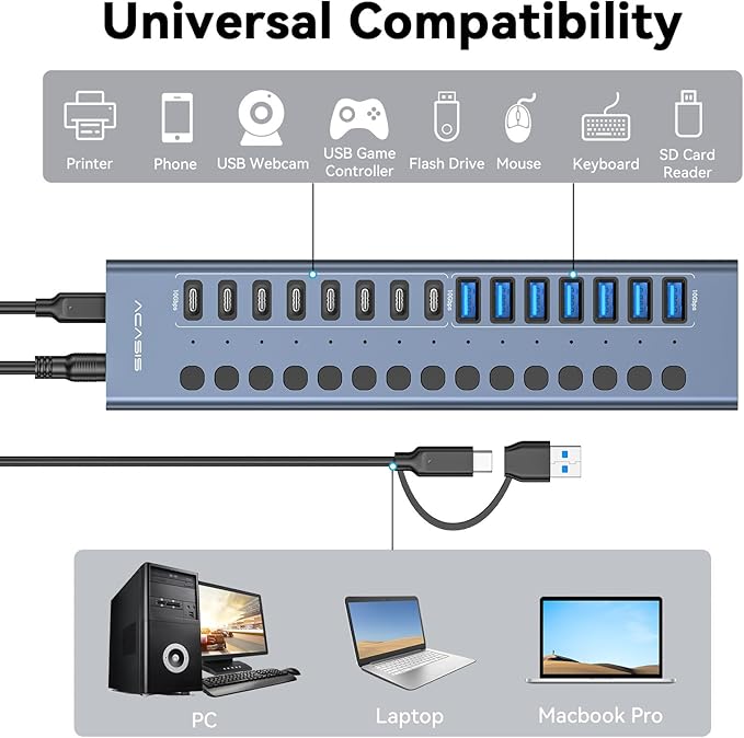 Powered USB 3.2 Hub ACASIS 16 Ports USB 3.2 Hub(8 USB-A 3.2 Ports+8 USB-C 3.2 Ports) Aluminum USB Hub Powered with 96W Power Adapter USB Hub for PC/Laptop Computer Flash Drive Printer Camera