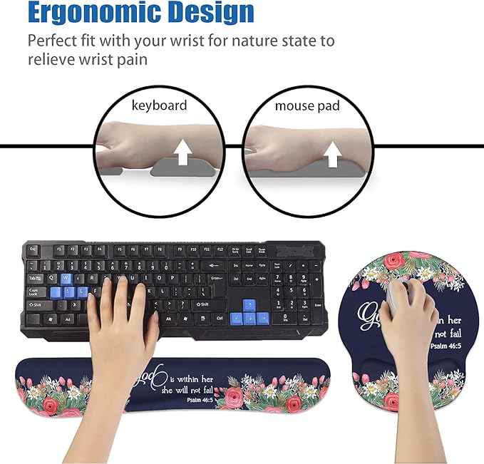 Keyboard Wrist Rest and Mouse Pad Wrist Rest Support Set Non-Slip PU Base for Gaming and Office Comfortable &amp Lightweight for Easy Typing &amp Pain Relief Floral Quote Bible Verses Psalm 46:5