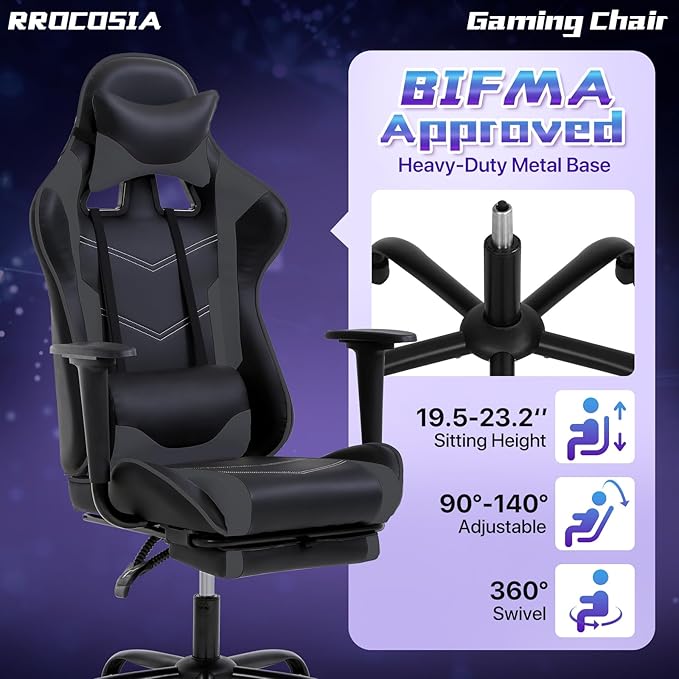 Gaming Chair for Adults - 250lbs Capacity Video Game Chair with Footrest &amp Lumbar Support Ergonomic 360° Swivel Height Adjustable Office Gamer Chair Heavy-Duty PU Leather (Grey)