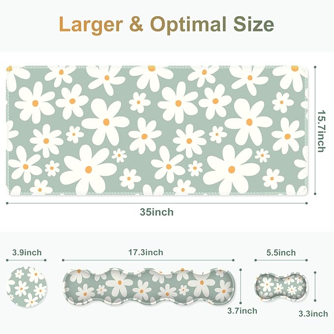 Desk Mat Gaming Mouse Pad Cute Desk Matt Keyboard Wrist Rest for Desktop Anti-Slip Big Mousepad Stitched Edges XXL Large Mouse Pad with Wrist Support for Home Office Computer I Morandi Daisy