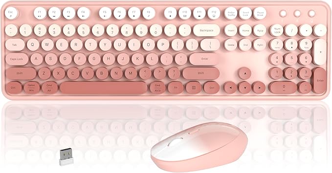 Colorful Wireless Keyboard and Mouse Combo COVEVA 2.4GHz Wireless Retro Cute Round Keycaps Keyboard 104 Keys Full-Sized Keyboard Mouse Set with Switch Button for PC Laptop Desktop (Rose Gradient)