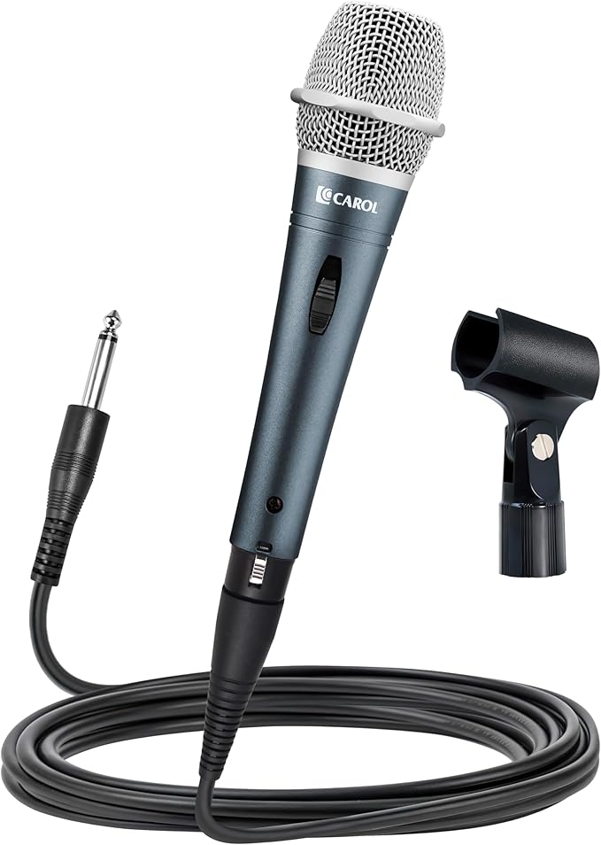 CAROL E dur-916S Silver XLR Wired Vocal Microphone for Singing – Dynamic Supercardioid Mic with Dual Shock Mount System for Karaoke &amp Public Speaking Includes Mic Clip 14.8ft XLR Cable &amp Swi