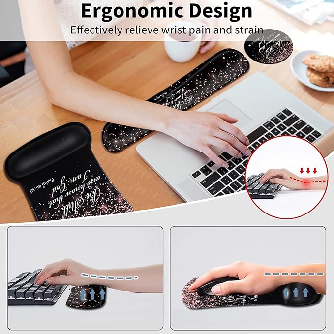 Keyboard Wrist Rest and Mouse Pad with Wrist Support Ergonomic Gel Mouse Pad and Coaster for Easy Typing Pain Relief Memory Foam Keyboard Wrist RestPsalm 46-10 Rose Gold Glitter Black Mousepads