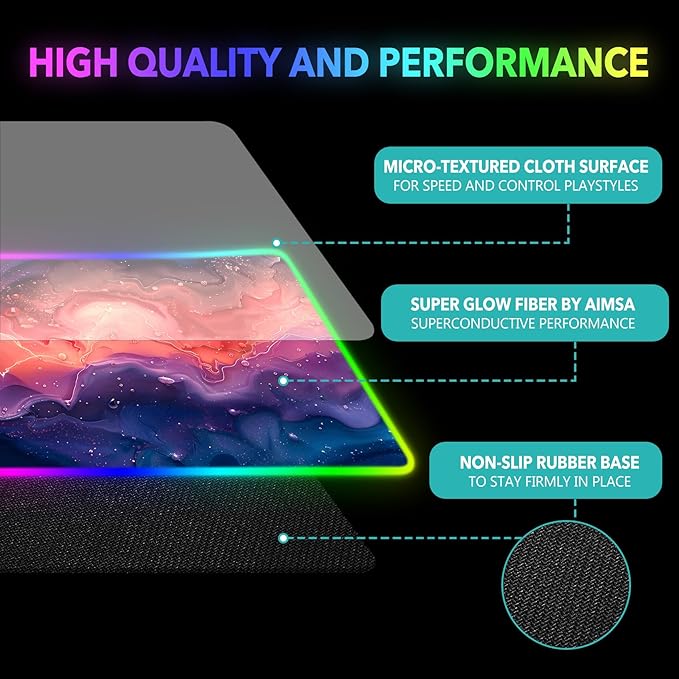 AIMSA Extra Large RGB Gaming Mouse Pad with 14 Light Modes Extended LED Mouse Pad Anti-Slip Rubber Base Computer Keyboard Mousepad Mat Abstract Purple Marble