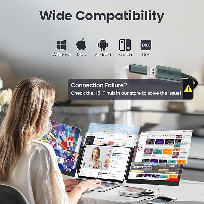 Teamgee 14 Laptop Screen Extender FHD 1080P IPS Triple Portable Monitor for 13''-17 (Diagonal) Laptop HDMI/USB-A/Type-C Plug &amp Play Built-in Speakers &amp Adjustable Stand for Mac/Wins/Andr