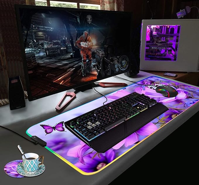 RGB Gaming Mouse Pad with Coffee Coaster XXL Large Glowing LED Mousepad Anti-Slip Rubber Base Computer Keyboard Desk Mouse Mat 31.5 X 11.8 Inch - Purple Flowers and Butterfly