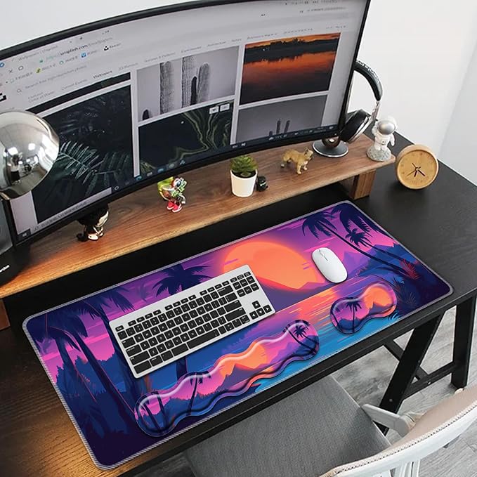 Keyboard Mouse Pad SetLarge Mouse Pad+Keyboard Wrist Rest+Wrist Support+Coaster31.5x11.8in Extended Desk Mat for Computer Laptop Office Home-Sunset Beach Palm Trees