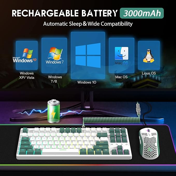 ATTACK SHARK K87 Gaming Keyboard Wireless TKL Mechanical Keyboard2.4G/BT 5.0/Wired Coiled Keyboard CableHot Swappable Tactile SwitchChroma RGB3000 mAh Rechargeable Battery for Windows Mac