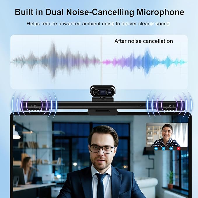 4K Webcam with Microphone and Speaker 4-in-1 Web Cam with Integrated Fill Light Bar Webcam for Pc Have Dual Speakers HDR Auto Light Correction Privacy Cover for Computer We bcam &amp Standing De