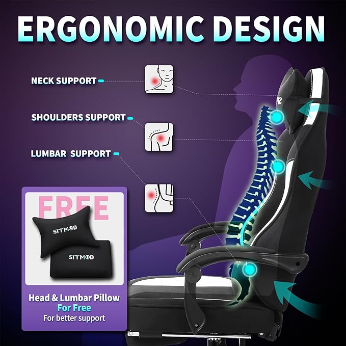 SITMOD Breathable Fabric Gaming Chair 350lbs Heavy Duty Computer Office Chair with Pocket Spring Cushion Wide Seat Ergonomic Gamer Chair with Footrest for Big and Tall Reclining High White