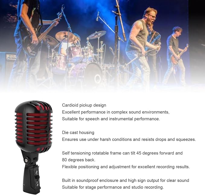ASHATA Retro Dynamic Microphone for Podcast Recording Cardioid Pickup Mic for Vocals Noise and Vibration Damping Angle Adjustable PC Computer Mic for Singing Stage Home KTV