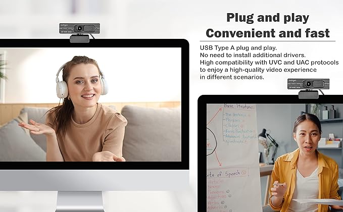 1080P/60fps Webcam C6206 Full HD Streaming Low-Light Correction Wide-Angle Lens Webcam with Dual Omni-Directional Microphone Privacy Cover and Tripod Compatible with Teams Skype and Zoom