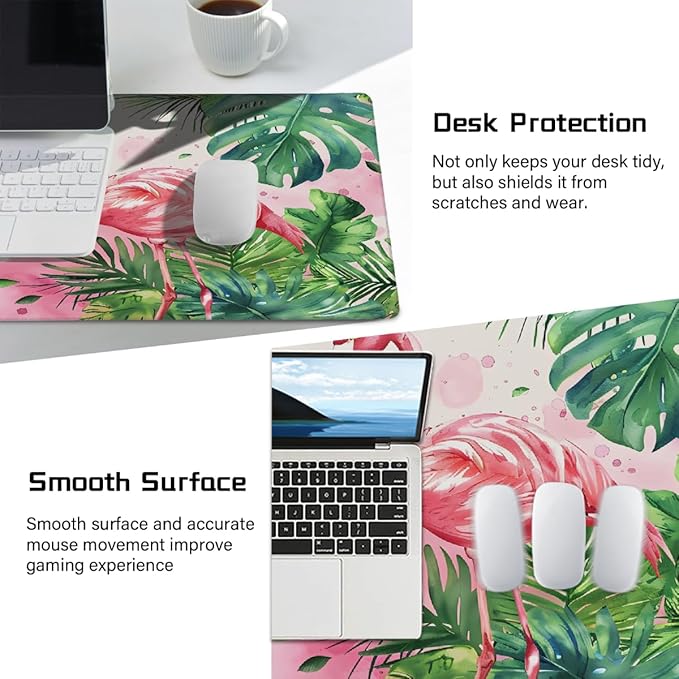 Pink Flamingo Leaf Large Mouse Pad Gaming Mousepad Desk Mat for Desktop Computer Keyboard Waterproof Mouse Mat Desk Pad with Non-Slip Base for Game School Office Home 35.4 x 15.7