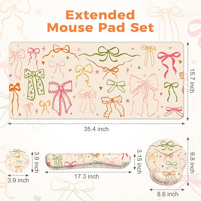 iLeadon Desk Protector Mat Non Slip Long Mouse Pad and Keyboard Wrist Rest Carpal Tunnel Mouse Pad and Computer Wrist Support Soft Ergonomic Keyboard Pad with Wrist Support for Women Office (Bow)