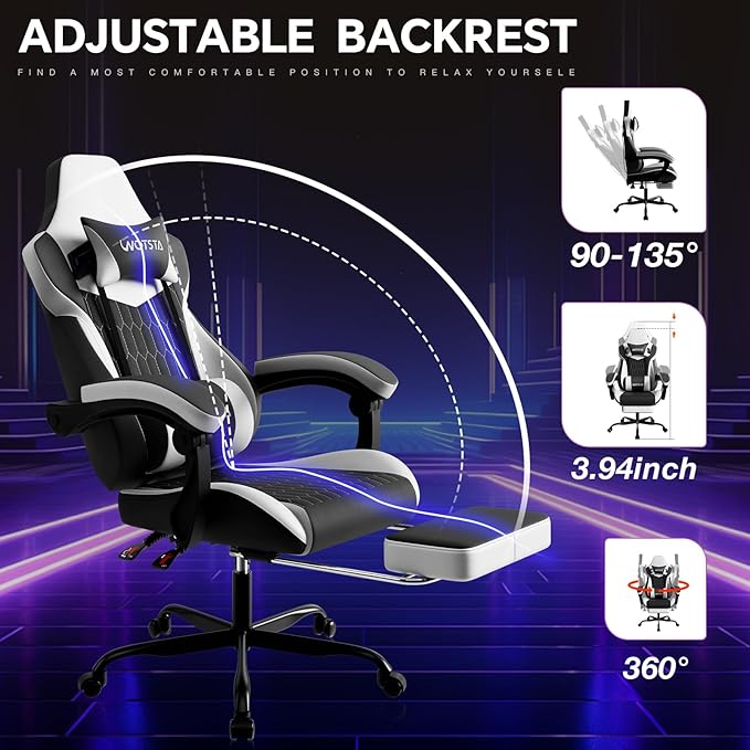 Gaming Chair with Footrest High Back Gaming Chairs PVC Leather Ergonomic Gamer Chair with Adjustable Headrest Lumbar Support Racing Style Video Gaming Chair for Office/Home (Black White)