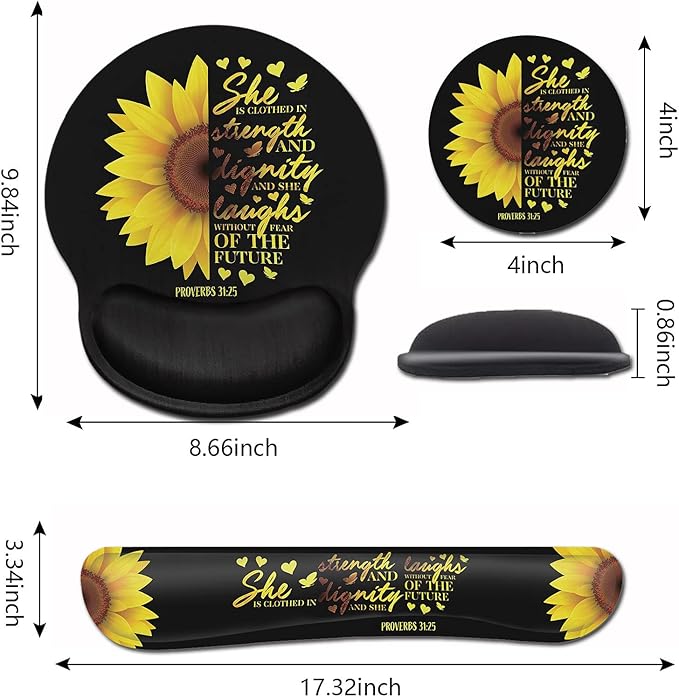 Mouse Pad Keyboard Wrist Rest Coaster Mouse Support SetSunflower Christian Bible Verse Black padErgonomic Memory Foam Mouse and Keyboard Pad Set for Laptop Computer Office Home Working Gaming