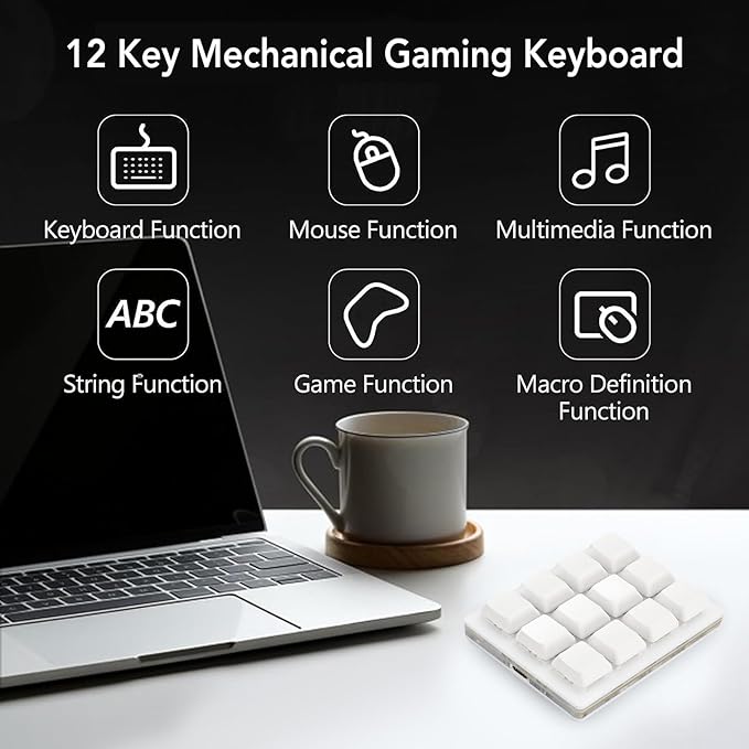 12 Key Mechanical Gaming Keyboard Red Switch USB Wired RGB Programmable Macro Keyboard with Knob Customizable Shortcuts Detachable Cable Hot Swappable Switches (White)