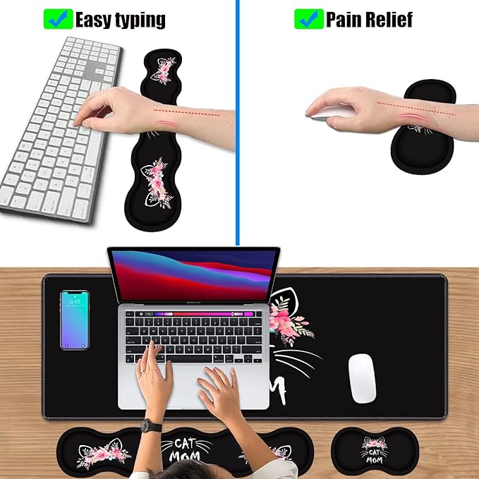 4 in 1 Ergonomic Keyboard Wrist Rest &amp Mouse Pad Wrist Rest Set Large XXL Gaming Desk Mat 31.5x 11.8 with Non-Slip Base Memory Foam for Home Office Study Gaming Cat Mom Floral