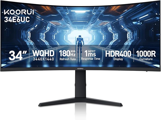 KOORUI 34-inch Curved Ultrawide WQHD 3440×1440 Gaming Monitor 180Hz 1000R- PIP/PBP 1ms(MPRT) HDR400 DCI-P3 95% FreeSync Premium 1 x DP 1.4 &amp 2 x HDMI 2.0 Tilt Height Swivel Adjustment 34E6
