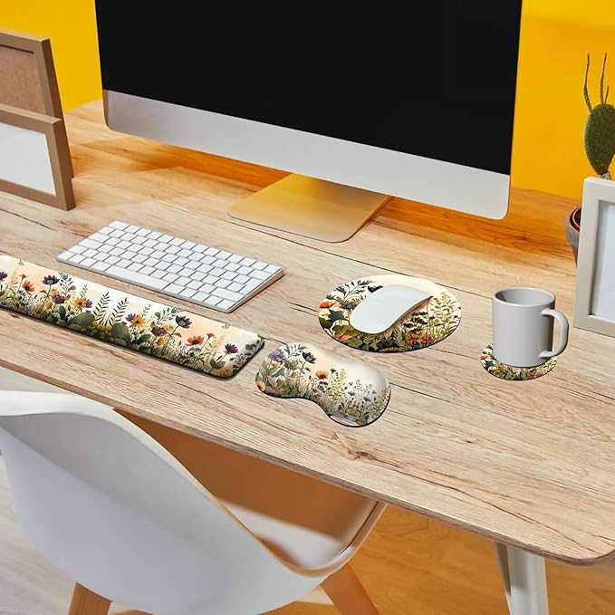 Mouse Pad with Wrist Rest + Keyboard Wrist Rest + Gaming Mouse Pad + Coasters Ergonomic Memory Foam Wrist Pad Set with Easy Typing &amp Pain Relief for Computer Laptop Office &amp Home - Floral Flow