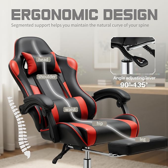 DUMOS Ergonomic Gaming Office Desk Chair with Footrest and Headrest for Adults PU Leather Video Computer Chair with Linkage Armrests Height Adjustable 360° Swivel Recling Chair Black Red