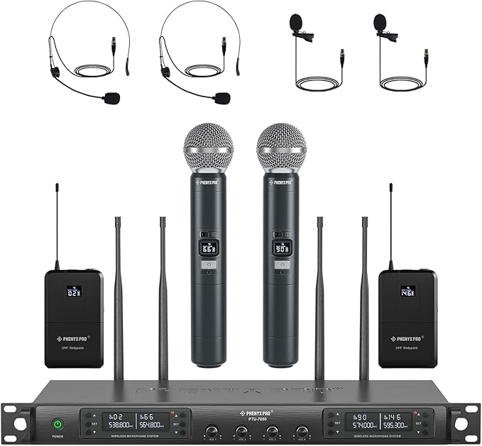 Phenyx Pro 4-Channel Wireless Microphone System w/Auto Scan 4x40 UHF Frequencies 2 Handheld Dynamic Mics 2 Bodypacks &amp Headsets/Lapel Microphones for Singing DJ Church (PTU-7000-2H2B)