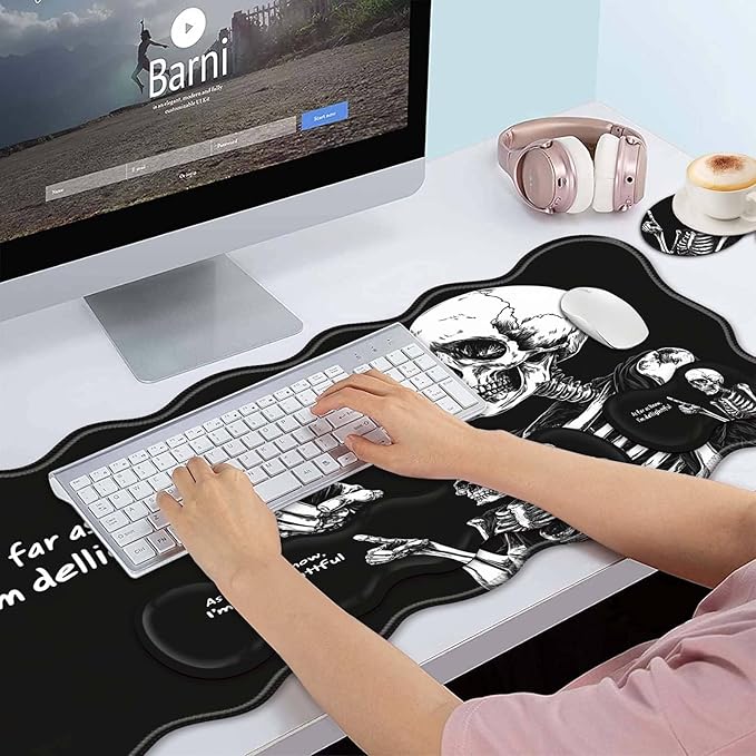 Bxgolkgd Desk Mat SetMouse Pad with Keyboard Wrist Rest &amp Mouse Wrist RestWave-Shaped DesignNon-Slip Rubber BaseErgonomic Desk Mat for HomeOfficeGamingSkull Skeleton Black Background