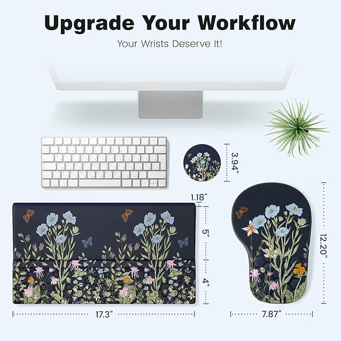 Ospelelf Ergonomic Mouse Pad and Keyboard Stand Wrist Rest Set Memory Foam Comfort Pain Relief for Typing Office Desk Accessories Moonlit Blossoms