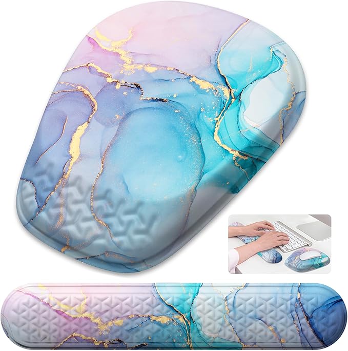 Mouse Pad with Wrist Rest Comfortable Memory Foam Wrist Rest for Computer Keyboard Ergonomic Mouse Pad Set for Easy Typing &amp Pain Relief - Blue Pink