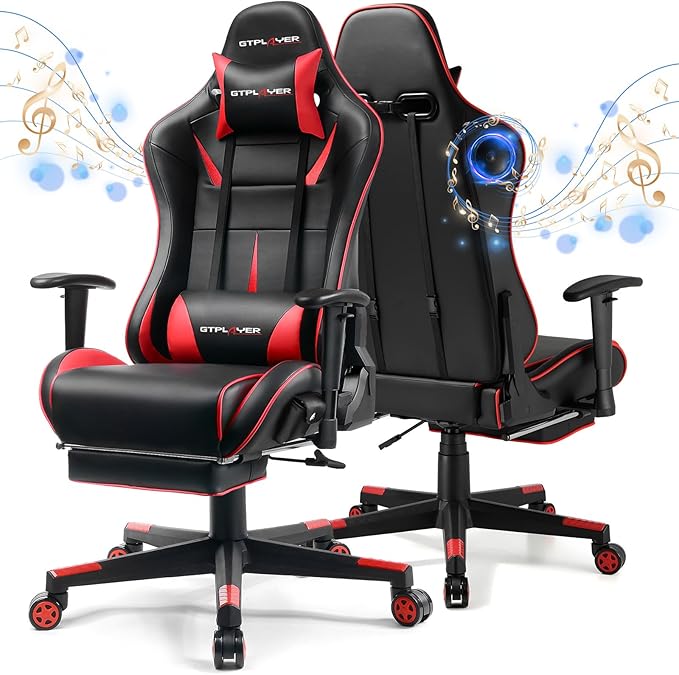 GTPLAYER Gaming Chair with Speakers Video Game Chairs with Footrest for Adults Ergonomic Computer PC Gamer Reclining Chair(Red)