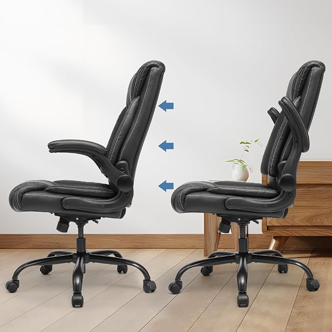 OUTFINE Flip-up Arms Office Chair 300lbs Executive Chair Swivel Office Chair with hydrolysis-Resistant Leather Spring Cushion Thick Padding and Ergonomic Design (Black Flip Arm Medium)