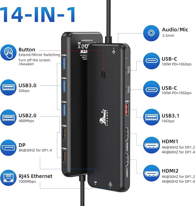 LIONWEI USB C Docking Station Dual Monitor 13 in 1 USB C Hub Triple Display 8 USB C/A Ports Ethernet Audio Laptop Dock for MacBookDellHPLenovoSurface