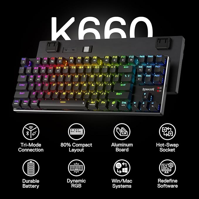 Redragon K660RGB-PRO (K556 TKL) Wireless Gaming Keyboard 80% 87 Keys BT/2.4Ghz Tri-Mode Aluminum Mechanical Keyboard w/Mac Function Keys Hot-Swap Sockets &amp Noise Absorbing Form Red Switch
