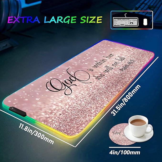 RGB Gaming Mouse Pad with Coffee Coaster XXL Large Glowing LED Mousepad Anti-Slip Rubber Base Computer Keyboard Desk Mouse Mat 31.5 X 11.8 Inch - Quote Bible Verse Psalm 46:5