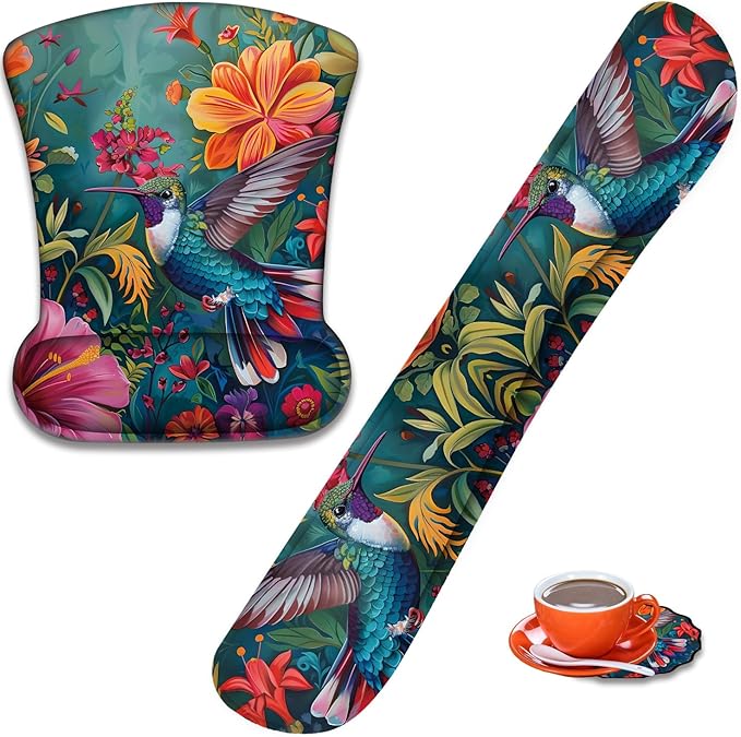 Mouse Wrist Rest and Keyboard Wrist Rest Pad+ Coaster Set Non-Slip Rubber Base Smooth Surface Ergonomic Gaming Mouse Pad for Easy Typing and Pain Relief Flowers and Hummingbirds