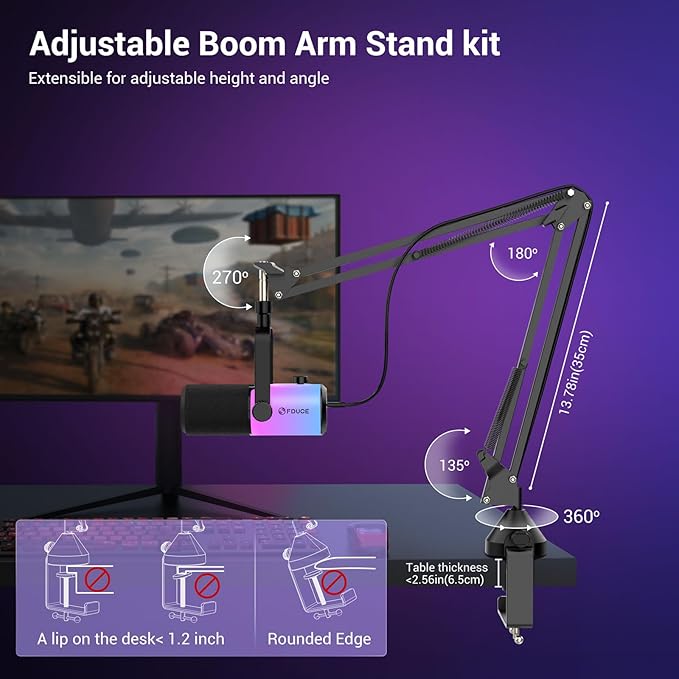 FDUCE Dynamic Gaming Microphone kit USB/XLR Podcast Computer Microphone with Boom arm Stand RGB Light Mute Button and Headphone Jack for Gamer Streaming Recording Studio YouTube Online Chat(D20+)